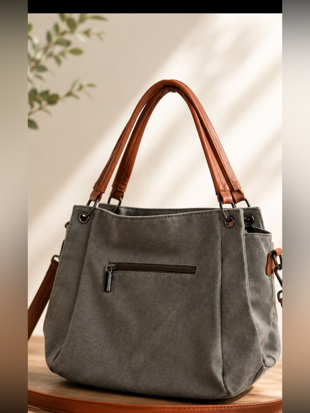 Gray Canvas Convertible Tote Crossbody Bag Multi Pocket Brown Strap